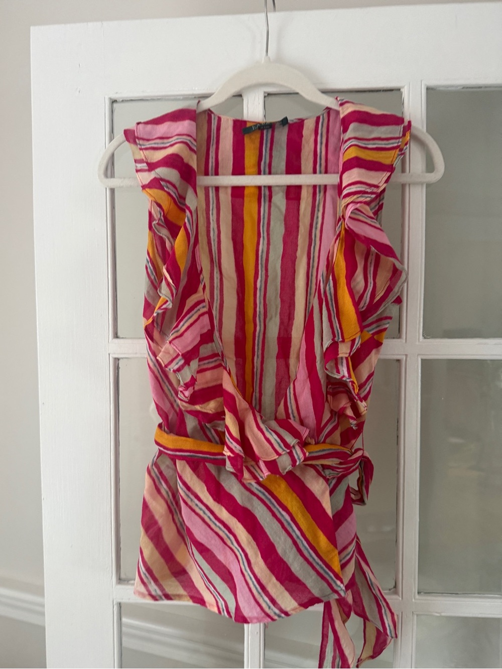 Ralph Lauren Pink Multicolor Striped Ruffle Wrap Tank